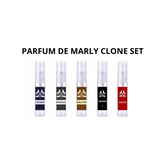 Parfumsample set met vijf heldere sprayflessen met verschillende geuren, Marly clone